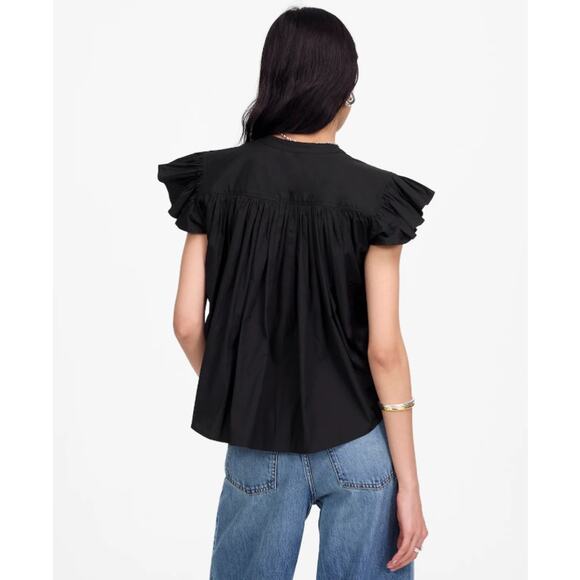 Madewell Poplin Shirred Button-Up Shirt Sz S Black Ruffle Cap Sleeve Rounded Hem - Picture 3 of 8